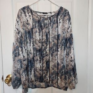 Buckle Boho Peasant Top Multicolor Watercolor Abstract Sheer Puff Sleeve Size M